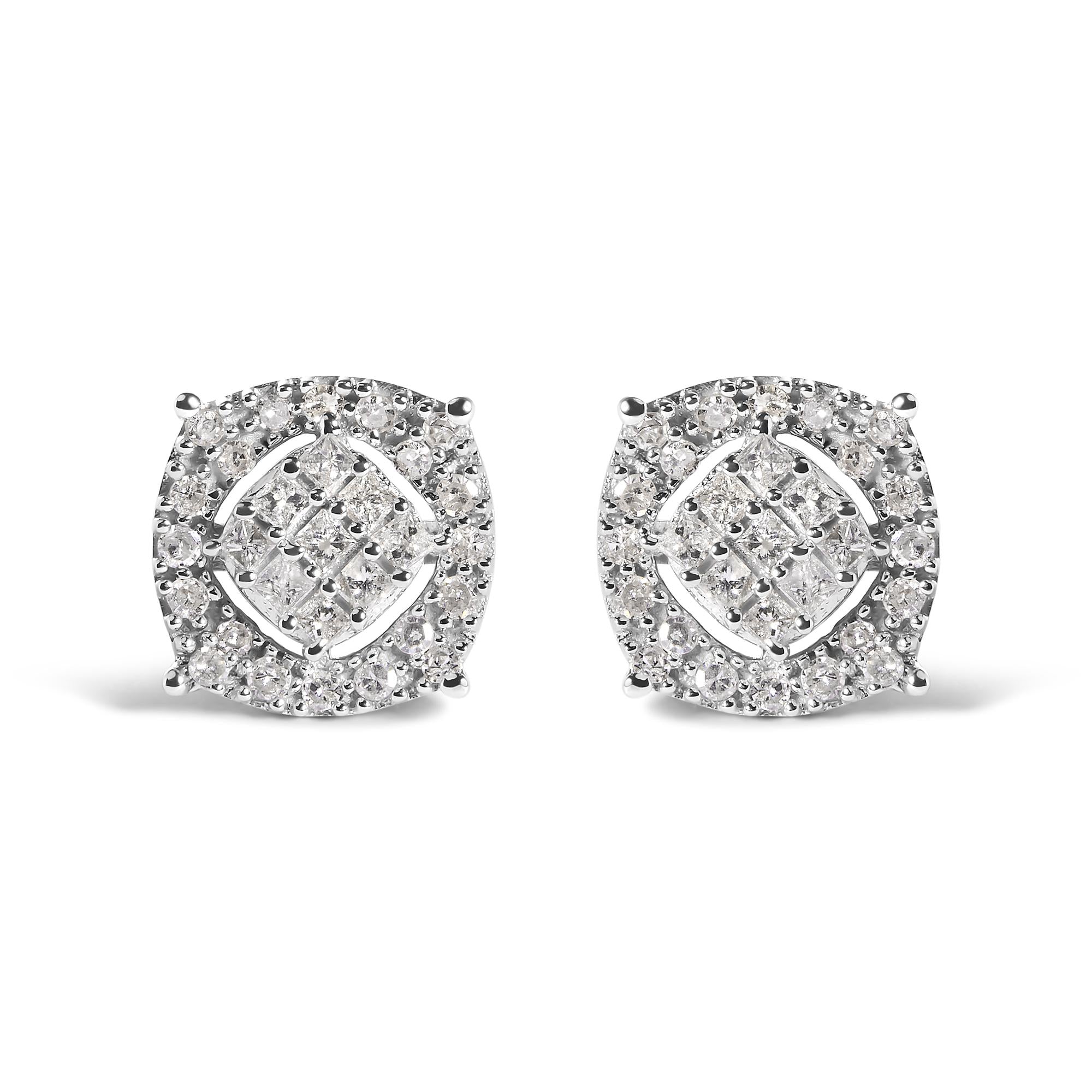10K White Gold 1/2 Cttw Diamond Cushion Shaped Composite Stud Earrings (I-J Color, I1-I2 Clarity)